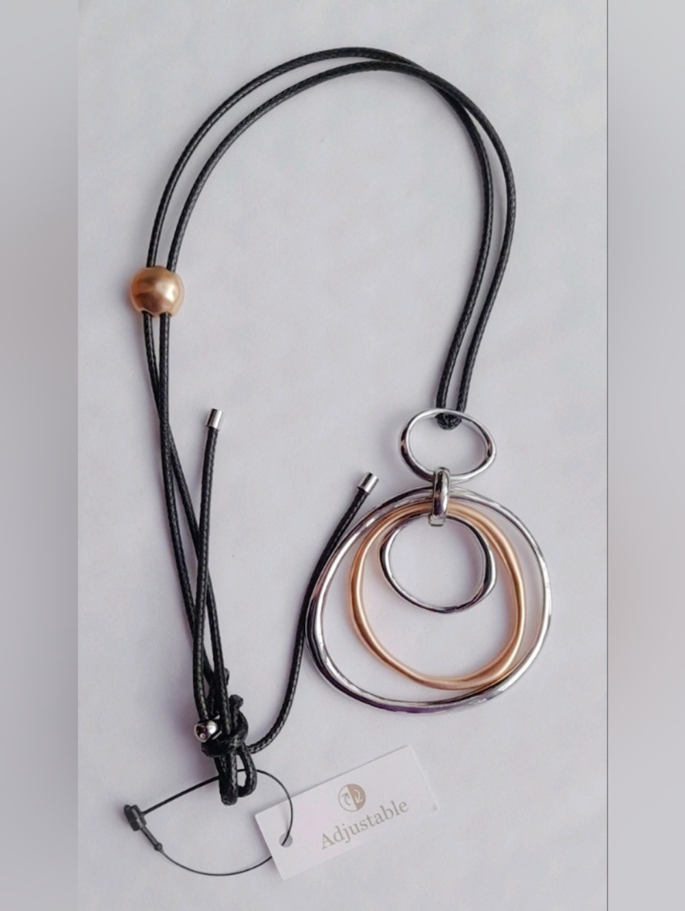 ✨ Boho Pendant Necklace Multi Tone Rings Adjustable Cord 🌟 Gift Box
